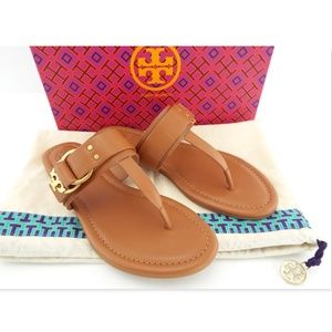 New TORY BURCH Logo Royal Tan Flat Thong Sandals 6